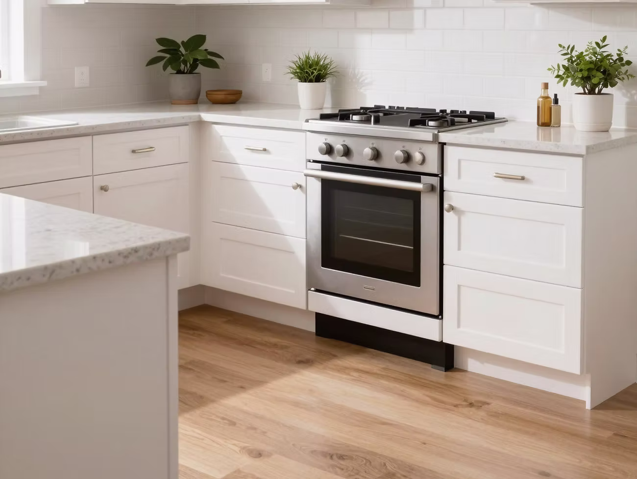 Bright white shaker kitchen with stone countertop