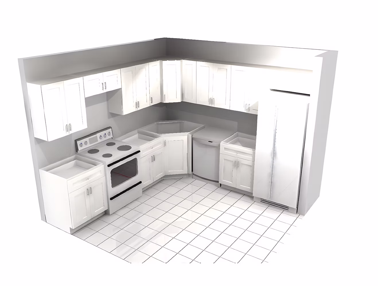 10 ft by 10 ft White Shaker kitchen 3D layout